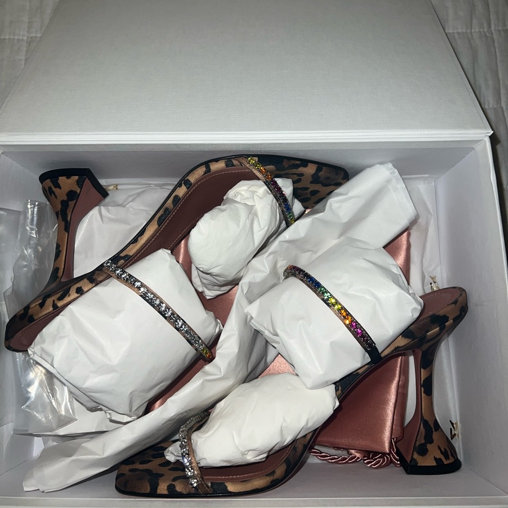 Amina Muaddi Gilda mules in leopard and multicolored crystals